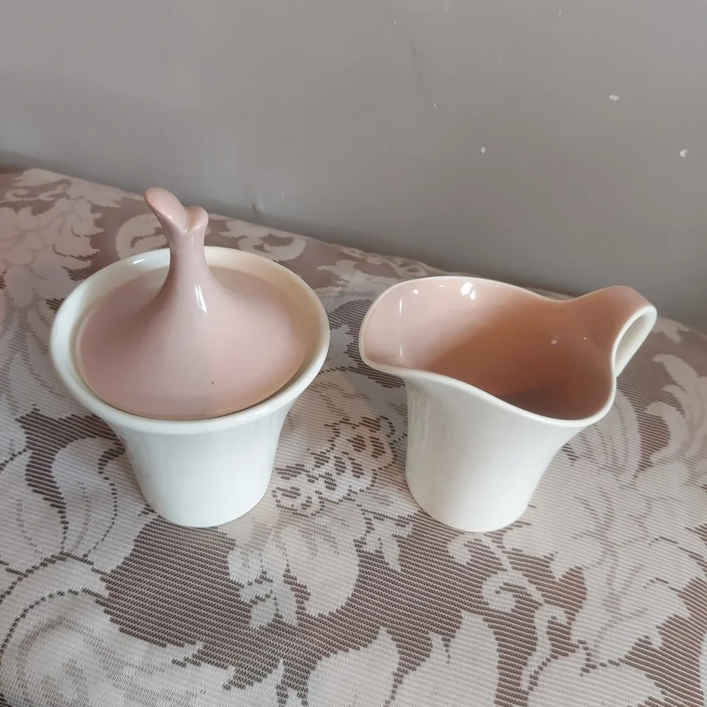 Vintage Harkerware MCM White and Pink Ceramic Creamer & Sugar Bowl Set 2-Tone